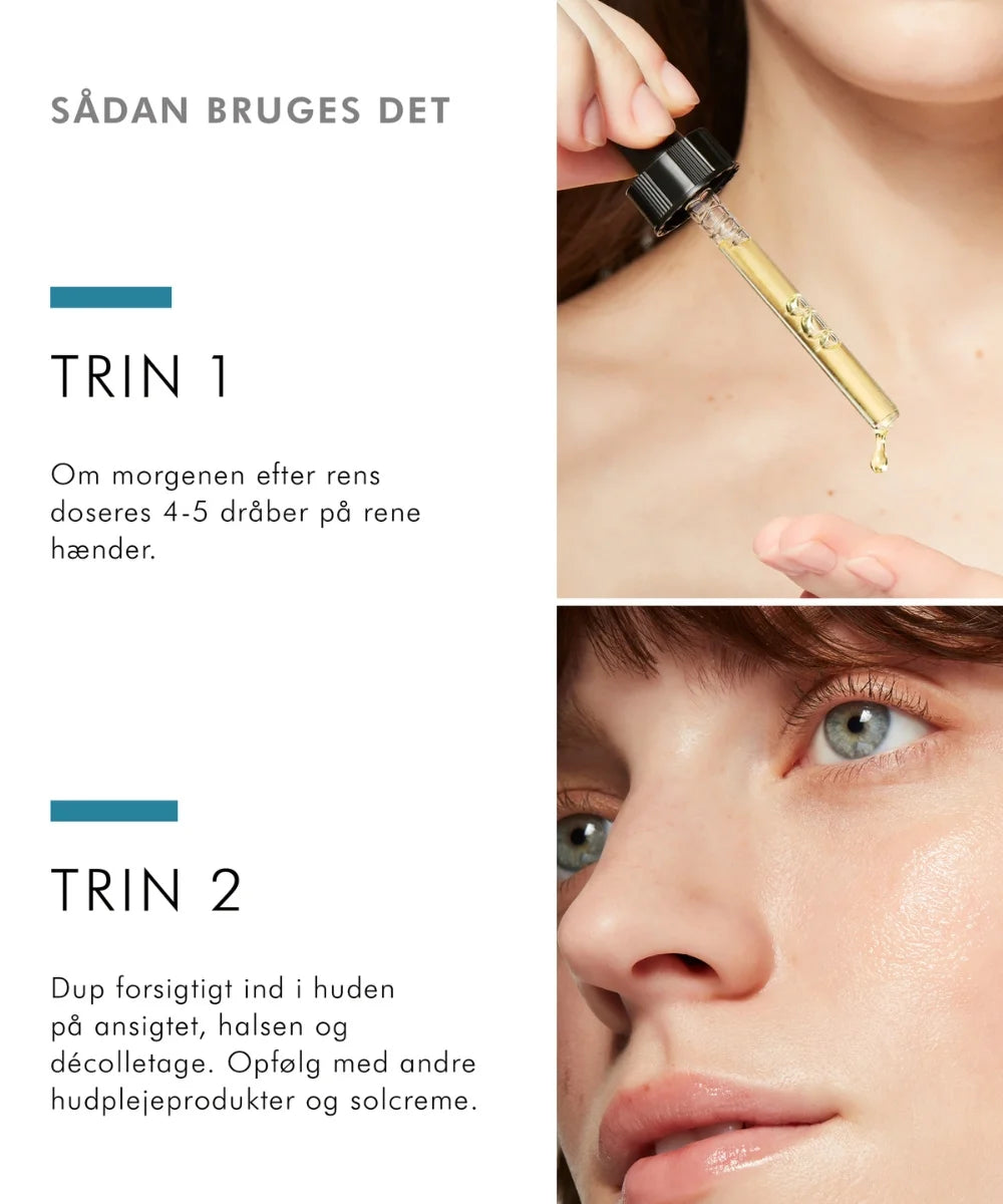 Trin 1 og Trin 2 anvendelse - C E Ferulic - Ansigt med pipette - Hvis baggrund - set på gladhud